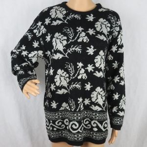 Vintage Sweater 80s 90s Grandma Floral Large Black Silver Retro Cute Flowers